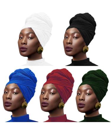 OAOLEER 5 Pieces Stretch Jersey Turban Head Wrap Knit Headwraps Urban Hair Scarf Solid Color Ultra Soft Extra Long Breathable Head Band Tie for Women White black royal Blue red dark Green