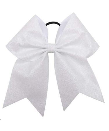 Glitter Cheer Bows - Cheerleading Softball Gifts for Girls and Women Team Bow with Ponytail Holder Complete your Cheerleader Outfit Uniform Strong Hair Ties Bands Elastics by Kenz Laurenz (1) (White)