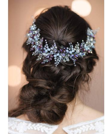 Kercisbeauty Blue and Purple Headband for Brides Bridal Headpiece Side Headband Wedding Women Special Occasion Jewelry Beads Hair Piece Tiara
