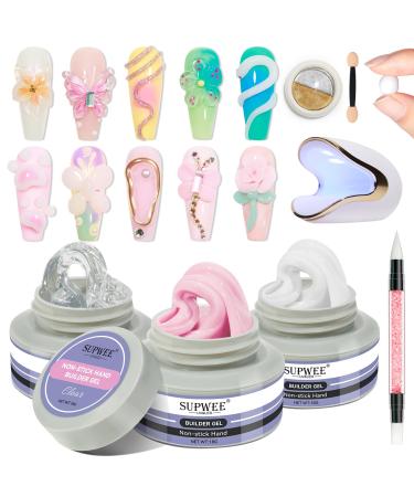 Solid Builder Gel for Nails Clear White Pink Hard Gel for Nails 3D Nail Gel Art 3 Colors Sculpting Gel with UV Nail Lamp & Chrome Powder for Nail Extension Carving Gel Modeling Nail Salon DIY Clear&White&Pink