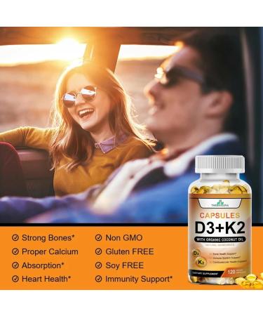 TheraSuva High Potency Vitamin D3 5 000 IU + K2 Vegan Non-GMO with Organic Coconut Oil for Better Absorption Bone & Heart Support 2 Month Supply 120 Softgels - Buy Online on GoSupps.com