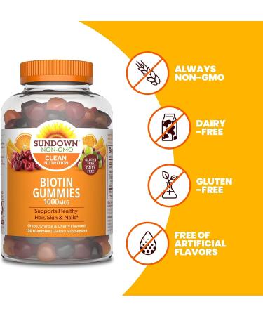Biotin Gummies by Sundown  Supports Healthy Hair  Skin & Nails  Non-GMO  Free of Gluten  Dairy  Artificial Flavors  1000 mcg  130 Gummies 130 Count (Pack of 1) - Buy Online on GoSupps.com