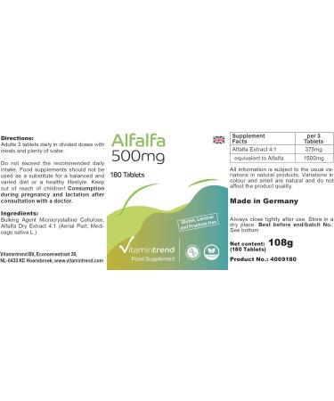Alfalfa 500mg - 3-Month Supply | 180 Tablets | High-Dose Vegan Bioavailable Supplements from Germany | Vitamin Trend - Buy Online on GoSupps.com