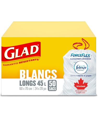 Glad White Garbage Bags - Tall 45 Litres - ForceFlex Drawstring with Febreze Fresh Clean Scent 50 Trash Bags Made in Canada of Global Components Tall. 50 Bags Garbage Bags Bags - Buy Online on GoSupps.com