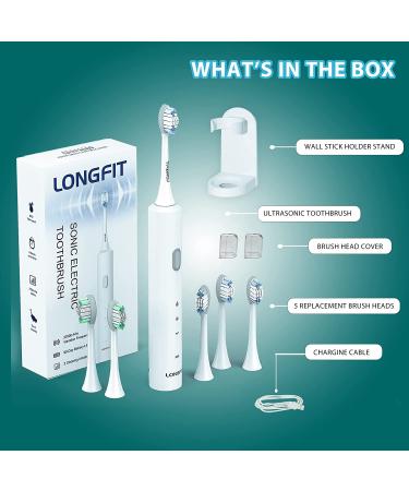 LONGFIT Basic Electric Toothbrush for Adults | 37000VPM Ultrasonic Clean & Massage | 5 Replacement Heads | White - Buy Online on GoSupps.com