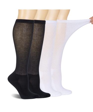 BampooPanPa 4 Pairs Diabetic Bamboo Socks No-Binding Top Seamless Toe Over The Calf Cushioned Sole Socks for Women&Men 2 White/2 Black 9-11
