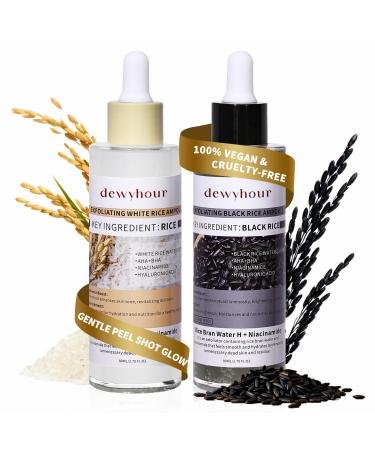 dewyhour Exfoliating Black & White Rice Ampoule Duo Set - Gently Removes Dead Skin Cells, Refines Pores, Soft Face & Body Scrub for All Skin Types, 2-Pack