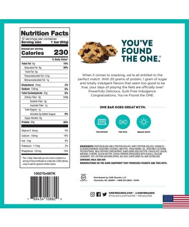 One Brands One Bar Chocolate Chip Cookie Dough - 12 Bars (2.12 oz each) - High Protein Snack - Buy Online on GoSupps.com