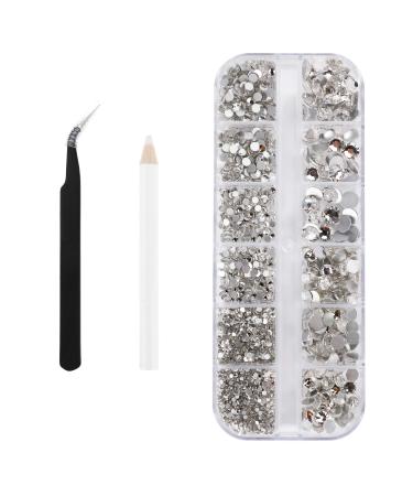 Nail Art Rhinestones, 2000PCS Round Flat Back Gems Crystal for Face Eye Makeup, Nail Diamonds Crystal with Tweezer and Picking Pen for DIY Art Crafts Clothes Shoes Bags Decoration(6 Sizes, 1.5-6mm)