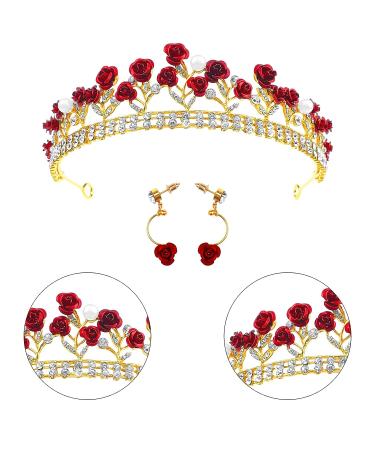Red Rose Bridal Wedding Queen Crown Set - Gold Baroque Princess Tiara with Pearls, Crystals, and Rose Pendant - Ideal for Women and Girls - Buy Online on GoSupps.com