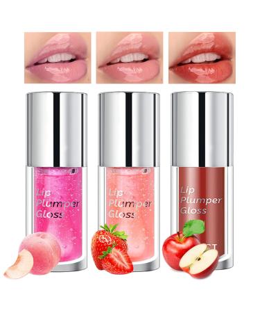 QiBest 3 Colors Lip Oil  Hydrating Lip Gloss Set  Tinted Lip Balm  Long Lasting Non-sticky Lipgloss with Big Head Brush  Transparent Lip Care Products for Dry Lips  Moisturizing  Nourishing Cherry Blossom+Coral Pink+Cinn...