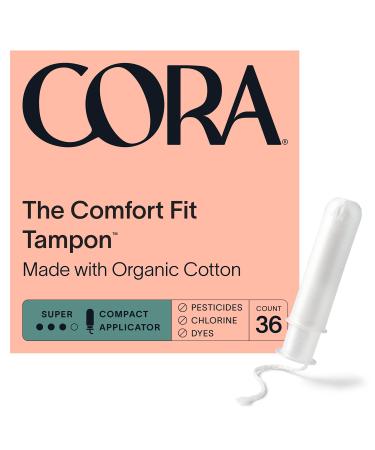 Cora Organic Applicator Tampons | Super Absorbency | 100% Cotton Core, Unscented, BPA-Free Compact Applicator | Leak Protection, Easy Insertion, Non-Toxic | 36 Count 36 Count (Pack of 1)