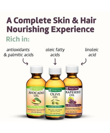 De La Cruz Avocado, Olive & Grapeseed Oil Bundle - 100% Pure & Natural Oils for Hair & Body - Lightweight Collection for Dry Skin - Buy Online on GoSupps.com