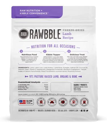BIXBI Rawbble Freeze Dried Dog Food Lamb Recipe 12 oz - 97% Meat and Organs | No Fillers - USA Made in Small Batches - Buy Online on GoSupps.com