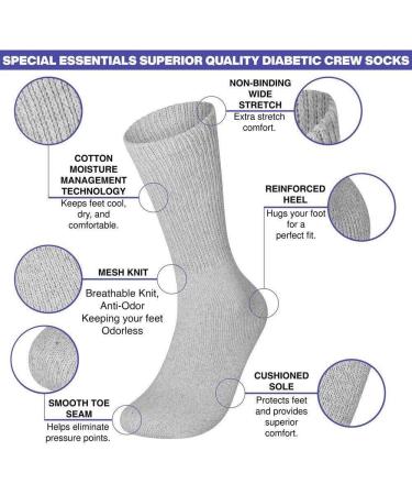 Physicians Approved Diabetic Crew Socks - 6 Pairs, Unisex, Black/Grey/White, Size 9-11 - Buy Online on GoSupps.com