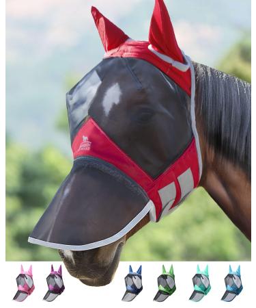 Harrison Howard Caremaster Pro Luminous Horse Fly Mask Large Eye Space Long Nose with Ears UV Protection for Horse L (1 SPALL) Flamingo