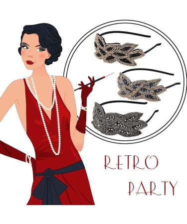 3 Pieces Beaded Leaf Flapper Headband 1920s Vintage Rhinestone Hairband Hair Accessory (Color Set 1) - Buy Online on GoSupps.com