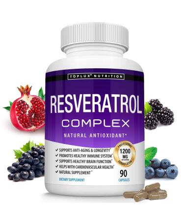 Resveratrol Supplement 1200 mg Antioxidant Complex - Highly Potent Natural Trans-Resveratrol Pills for Anti-Aging, Cardiovascular Support, Immune System and Brain Function, for Men Women, 90 Capsules 90 Count (Pack of 1)