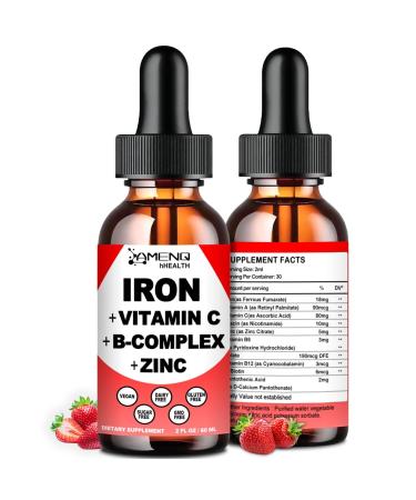 Liquid Iron Supplement w/Vitamin C, A, B-Complex, Vegan Iron Drops High Potency Liquid Vitamin & Iron Supplements for Women, Men & Children -Support Red Blood Cell, Energy, Anemia & Fatigue Strawberry 2 Fl Oz (Pack of 1)