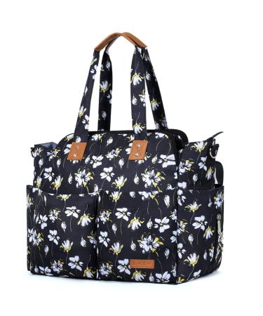 Lekebaby Baby Diaper Bag Messenger Large with Changing Mat for Travel Yellow White Flowers