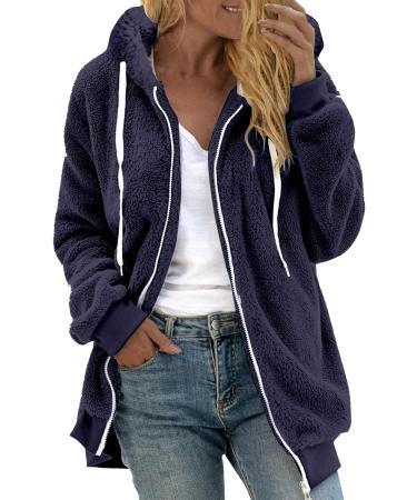 Shop Hanxiulin Women's Fleece Plush Jacket - Warm Long-Sleeved Bomber Coat with Hood | Fluffy Winter Fashion in Dark Blue 3XL - Buy Online on GoSupps.com