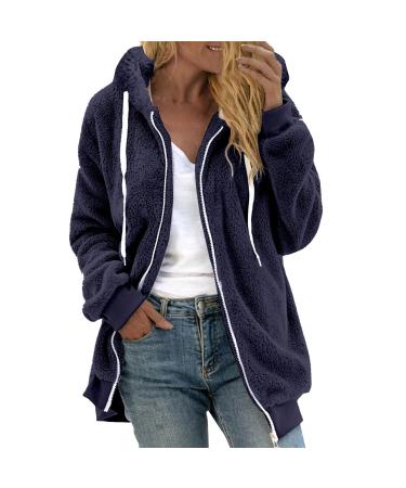 Hanxiulin fleece plush jacket fluffy warm zip fleece jacket fleece jacket ladies long -sleeved winter coat jacket lined warm bomber jacket casual fashion plush jacket with hooded plush jacket 3xl dark blue