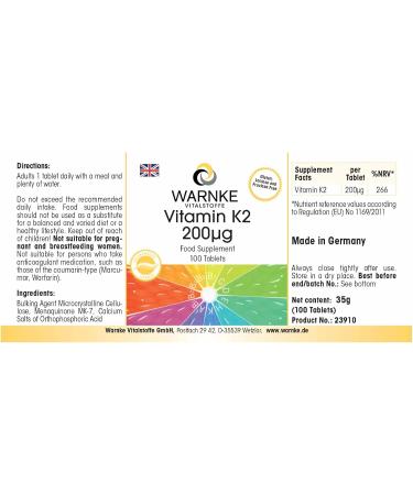 Vitamin K2 200g - 100 tablets - Vegan- Menaquinone MK-7 | Warnke Vitalstoffe - Quality German pharmacies - Buy Online on GoSupps.com