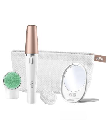 Braun FaceSpa Face Epilator Hair Removal with Facial Cleansing Brush Head Lighted Mirror and Beauty Pouch 851V White 3-in-1 with lighted mirror and beauty pouch