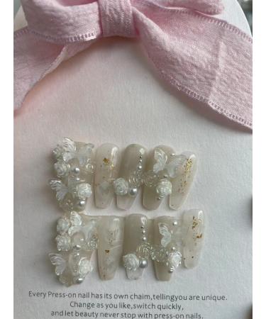 Handmade Butterfly Flower Nail Patch Handmade Wearing Nail Detachable False Nail(Size:M)