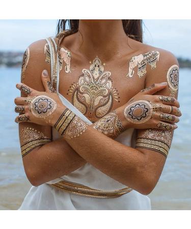 Kenzy Tattoo Stunning Metallic Temporary Tattoos - 100+ Designs of Glitter Shimmer Waterproof Fake Tattoos in Gold and Silver - Jewelry, Bracelets, Feathers, Flowers, Mandalas, Elephants - Long Lasting - Buy Online on GoSupps.com