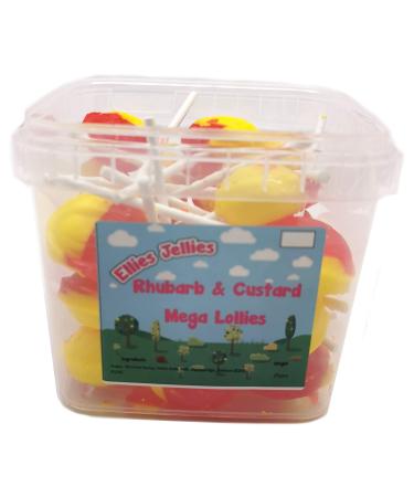 Ellies Jellies Rhubarb & Custard Mega Lollies 25pieces Square Tub Lollipop Creamy Sweet Yellow and Orange Colour Traditional Lollipop Unwrapped