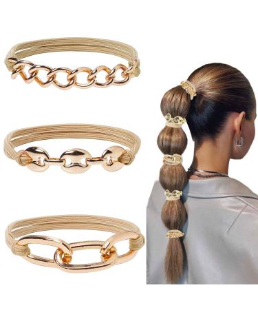 Bracelet Hair Ties for Women Girls Hair Ties Bracelets with Gold Chain and Beige Elastic Bracelet Ponytail Holders Hair Ties for Thick Hair Looks Cute On Your Wrist And Great In Your Hair Beige-Gold