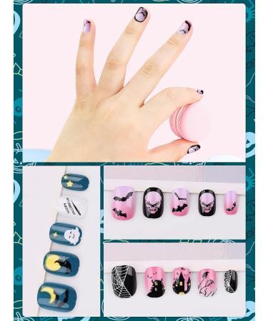 Kalolary 144 PCS Halloween Kids False Nails - Press On Fake Fingernail Kit with Skull Bat & Ghost Patterns for Girls - Short Full Cover Nail Art Decoration - Buy Online on GoSupps.com