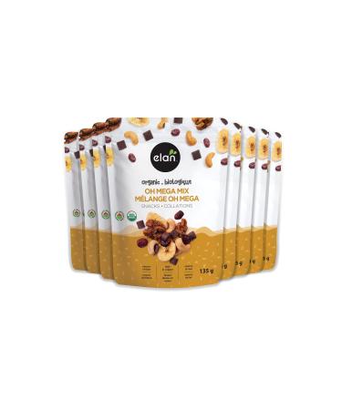 Elan Organic Oh Mega Mix Vegan Dark Chocolate Dried Fruits (Cranberries & Banana Chips) Nuts (Chia Walnuts & Roasted Cashews) Non-GMO Gluten-Free Vegan Guilt-Free Snacks 8 Count 135g 8 x 135 Grams