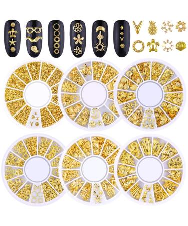 6 Boxes Metal Nail Studs 3D Nail Art Decorations Glitter 3d Nail Charms Design Gold Jewels Rivet Micro Caviar Beads Star Moon Heart Triangle Square Shell Punk Gems for Manicure Tips Decor