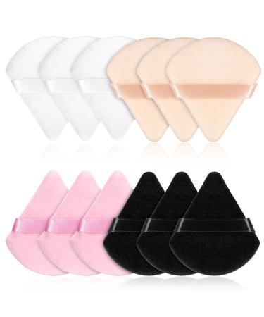 Pinenuts 12 Pcs Triangle Powder Puff 4 Colors Makeup Puff Soft Body Sponge Foundation Cosmetic Makeup Tool Wet & Dry Dual-Use Powder Puff Pads for Mineral Powder and Loose Powder Black + White + Pink + Skin colour