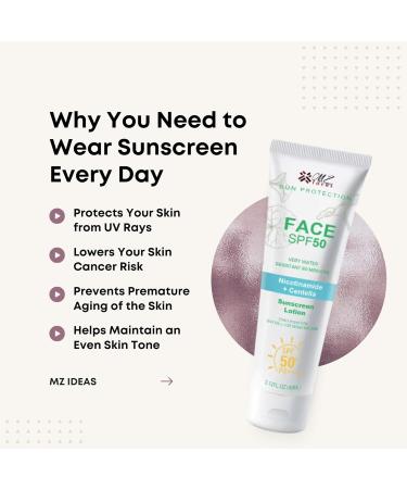 MZ Ideas Face Sunscreen SPF 50 PA+++ Very Water Resistant 80 Minutes with Niacinamide Centella 72H Hydration for sensative skin 2.12 fl oz - Buy Online on GoSupps.com