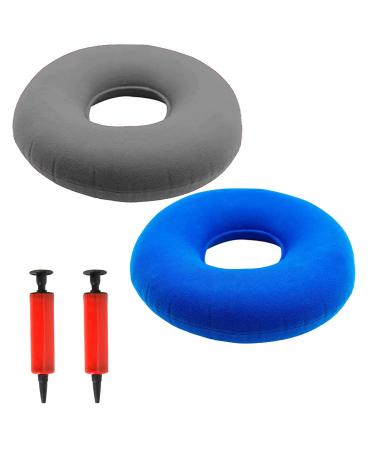2 Pack with 2 Colors Donut Cushion Donut Ring Cushion for Pressure Relief Cushion with 2 Pumps Inflatable Donut Seat Cushion for Home Office and Car 38 x 10cm(Grey and Blue)