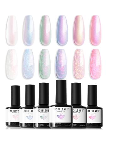 Modelones Pearl Gel Nail Polish 6 Colors Aurora Iridescent Shimmer White Pink Purple Mermaid Nail Drawing Gel Polish Soak Off UV Gel Led Spring Gel Polish Swirl Shell Thread Effect DIY Manicure Gifts