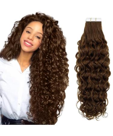 RUNATURE Curly Tape in Hair Extensions Chocolate Brown Human Hair Tape in Extensions Wave Tape in Hair Extensions Remy Curly Hair 20 Inch 50 Gram 20 Inch 2-Tape #4-NW