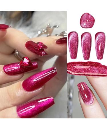 Jelly Cat Eye Gel Nail Polish Rose Red Glitter Crystal Gel Polish Shiny Magnetic Nail Polish Soak Off UV/LED Sparkle Red Wine Holographic Cat Eye Gel Polish for Nail Art Salon DIY at Home - Buy Online on GoSupps.com