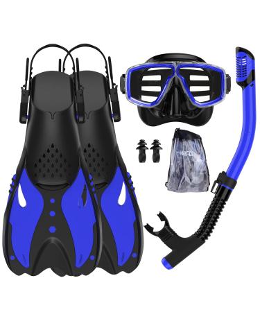 Mask Fins Snorkel Set for Adults Men Women Dry Top Snorkel Diving Flippers Snorkeling Gear Diving Mask with Gear Bag for Snorkeling Swimming Scuba Diving Training Blue-Black Large-X-Large