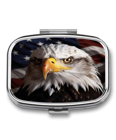 Pill Box America Flag and Eagle Print 2 Compartment Medicine Pill Case Pill Organizer Decorative Metal Portable Pill Box for Pocket Or Purse Style
