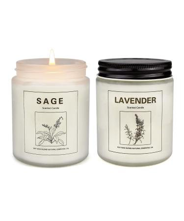 Lavender and Sage Candles, 7 oz 50 Hrs Burn White Sage Lavender Soy Candle for Home Energy Cleansing & Stress Relief, Gifts for Women Mason Jar Aromatherapy Candles, 2 Pcs Lavender & Sage