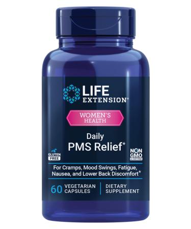 Life Extension Daily PMS Relief Menstrual Comfort Supplement PMS-Related Cramps Lower Back discomfort Mood Ginger Magnesium B6 Gluten-Free Non-GMO 60 Capsules