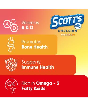 SCOTT'S EMULSION Cod Liver Oil Liquid for Kids Cherry Flavor Supports Growth Immunity & Bone Health Rich in Omega 3 & Vitamins A+D Easy-to-Take Fish Oil 6.5 Fl Oz - Buy Online on GoSupps.com