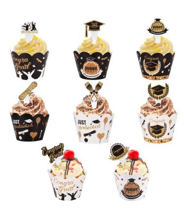 AIERSA 96Pcs Graduation Cupcake Toppers Wrappers 2024 Congrats Grad Cupcake Decorations Set Graduation Cupcake Wrappers for Cupcake Food Decorations Black Gold
