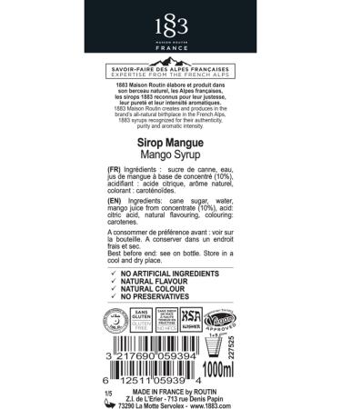 1883 Maison Routin Premium Mango Syrup for Iced Tea Cocktails Mocktails Smoothies Desserts Glass 1L - Buy Online on GoSupps.com