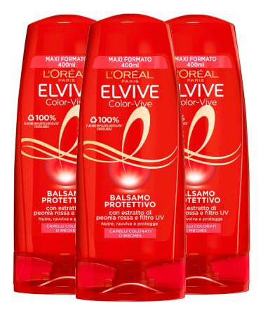 L'Oréal Paris Elvive Color-Vive Protective Conditioner for Colored or Highlighted Hair Lightening Nutritional Formula with Red Peony Extract and UV Filter - 3 x 400 ml Bottles