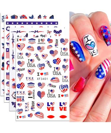 4th of July Nail Art Stickers Decals  American Flag Patriotic Independence Day 3D Nail Stickers Nail Supply USA Flags Heart Star Design Nail Decals for Acrylic Nails Memorial Day Nail Decorations